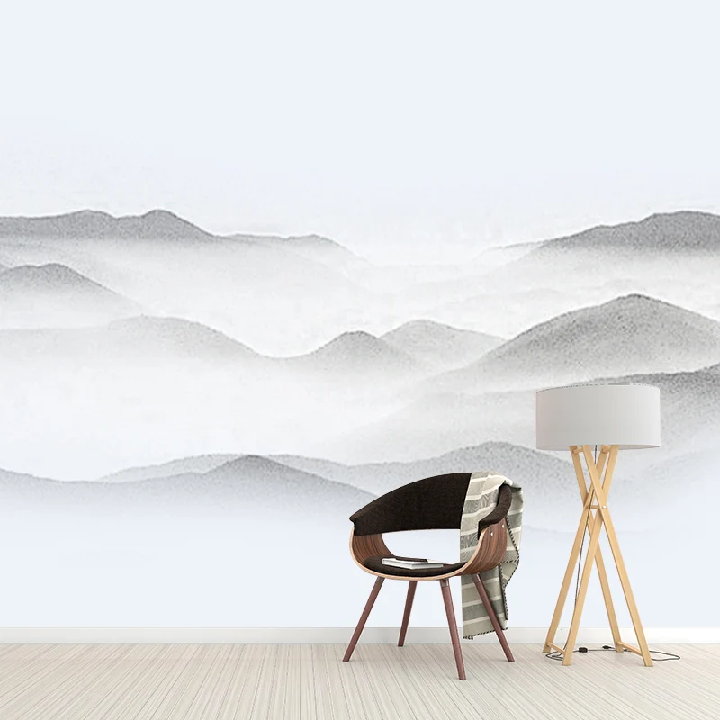 Papier peint mural asiatique extra large en décor mural gris Smoggy Mountain, imprimé sur mesure Clearhalo