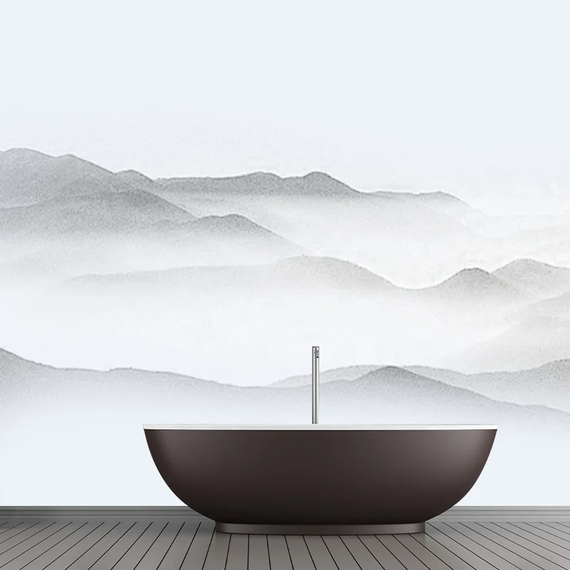 Papier peint mural asiatique extra large en décor mural gris Smoggy Mountain, imprimé sur mesure Clearhalo