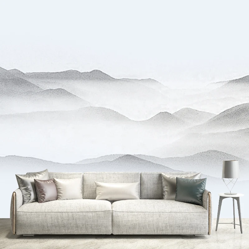 Papier peint mural asiatique extra large en décor mural gris Smoggy Mountain, imprimé sur mesure Clearhalo