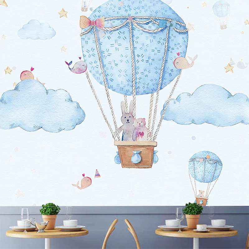 Papier peint Mural ballon bleu et ciel, revêtement Mural résistant aux taches pour décoration de chambre de garçon Clearhalo