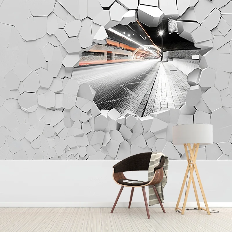 Papier peint mural en brique vieilli 3D en blanc uni, revêtement mural contemporain pour le salon Clearhalo