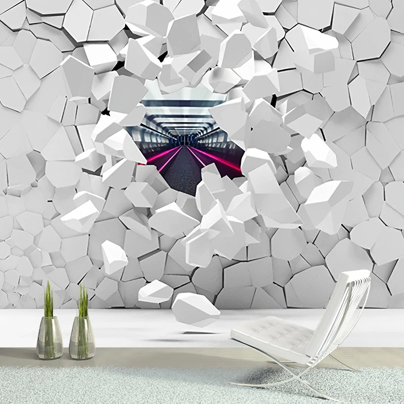 Papier peint mural en brique vieilli 3D en blanc uni, revêtement mural contemporain pour le salon Clearhalo