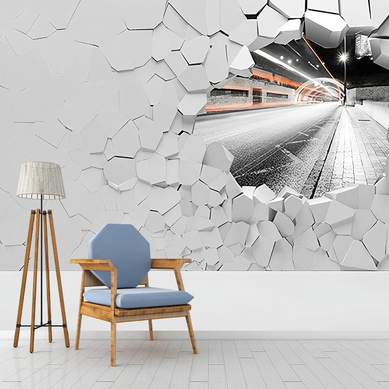 Papier peint mural en brique vieilli 3D en blanc uni, revêtement mural contemporain pour le salon Clearhalo