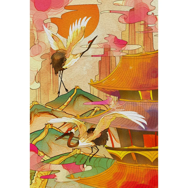 Papier peint Mural chinoiserie Orange, grand décor mural de paysage de Halcyon et de temple pour chambre à coucher Clearhalo