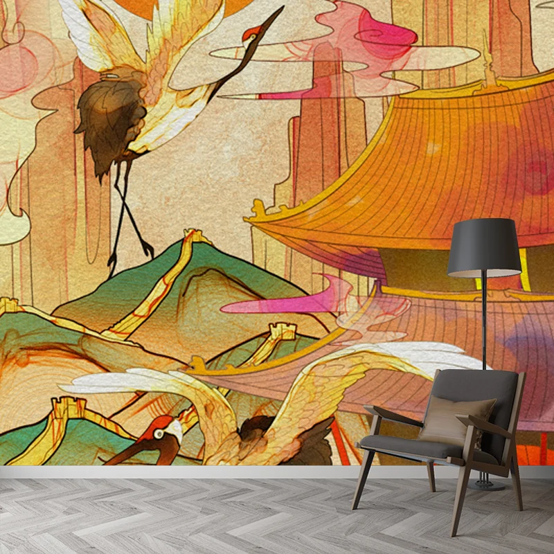 Papier peint Mural chinoiserie Orange, grand décor mural de paysage de Halcyon et de temple pour chambre à coucher Clearhalo
