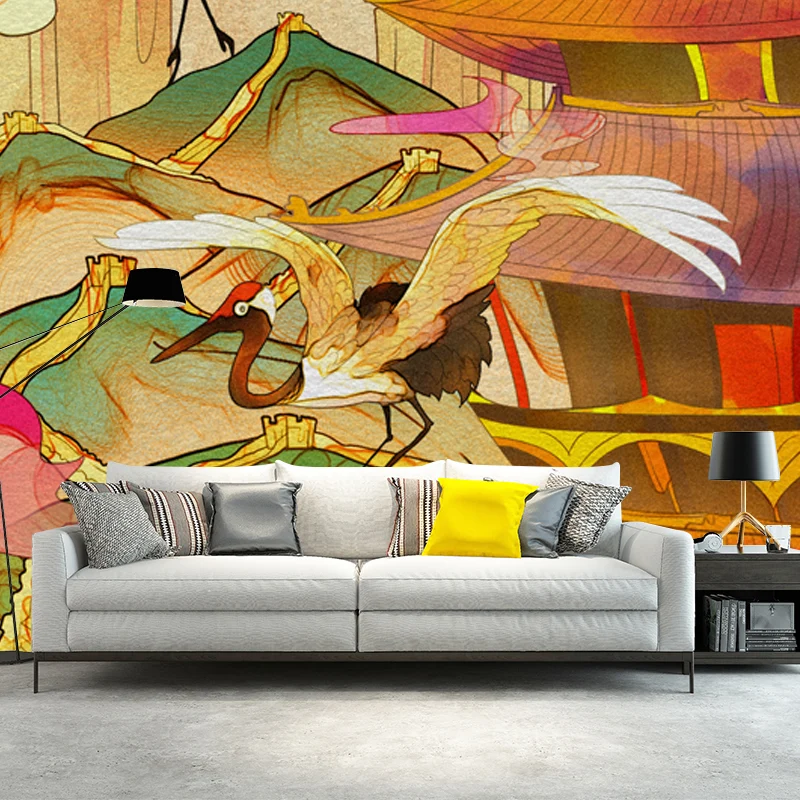 Papier peint Mural chinoiserie Orange, grand décor mural de paysage de Halcyon et de temple pour chambre à coucher Clearhalo