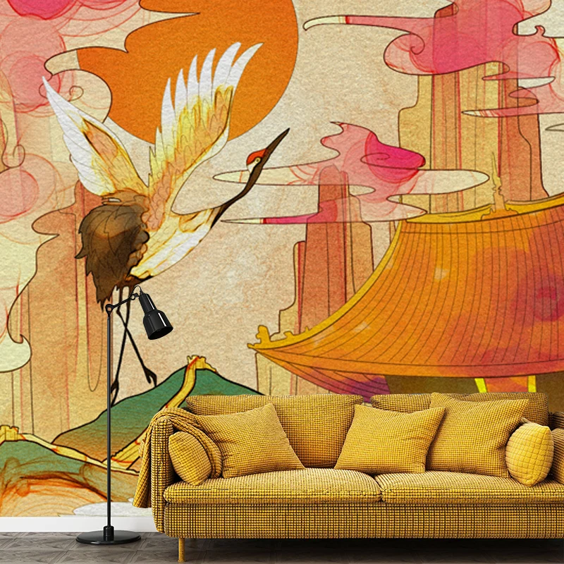 Papier peint Mural chinoiserie Orange, grand décor mural de paysage de Halcyon et de temple pour chambre à coucher Clearhalo