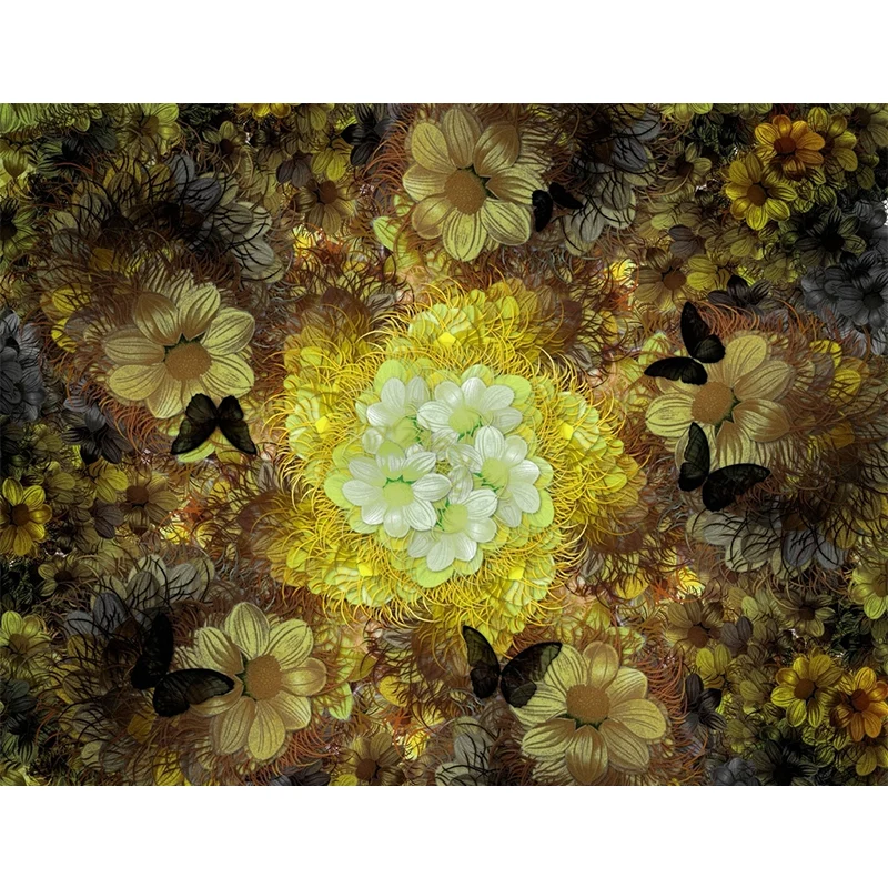 Papier peint mural chrysanthèmes gris-jaune, fleur, décoration murale classique antitache Clearhalo