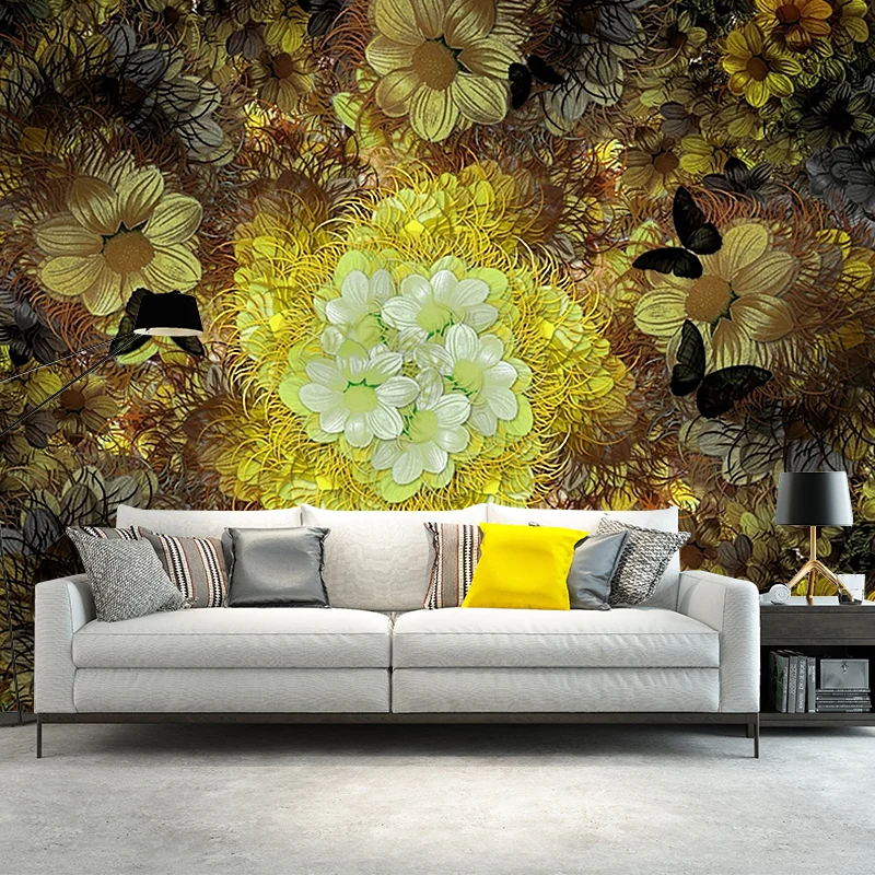 Papier peint mural chrysanthèmes gris-jaune, fleur, décoration murale classique antitache Clearhalo
