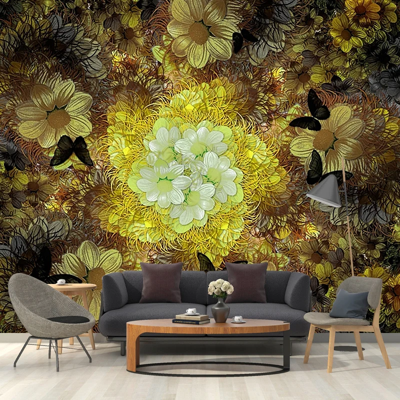 Papier peint mural chrysanthèmes gris-jaune, fleur, décoration murale classique antitache Clearhalo