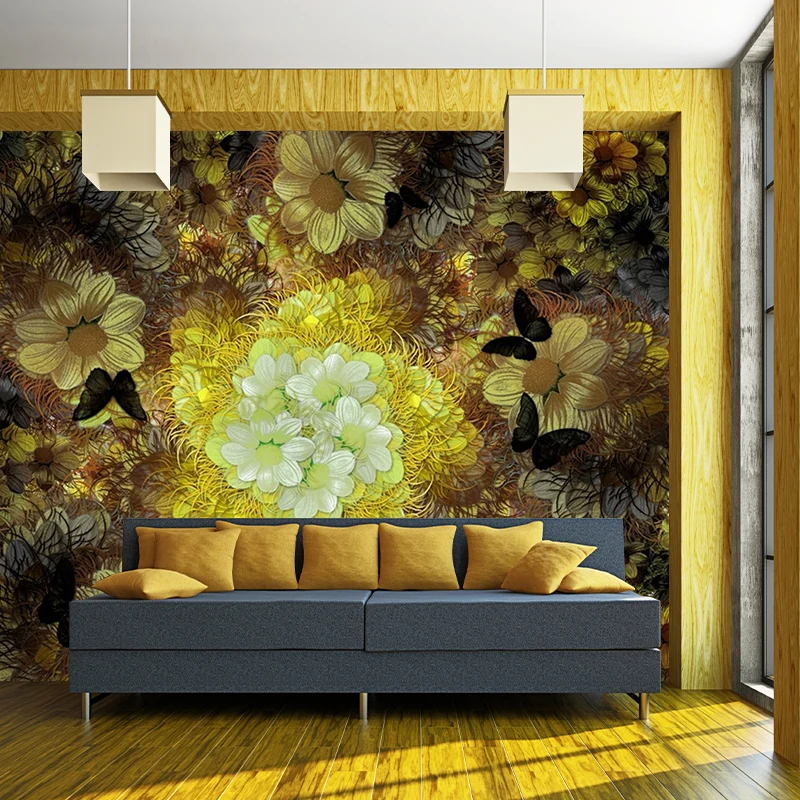 Papier peint mural chrysanthèmes gris-jaune, fleur, décoration murale classique antitache Clearhalo