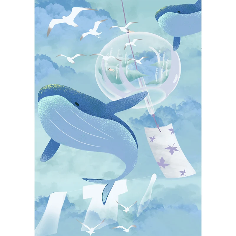 Papier peint mural de dessin animé bleu, baleine entière et mouettes dans le ciel, Art mural pour chambre à coucher Clearhalo