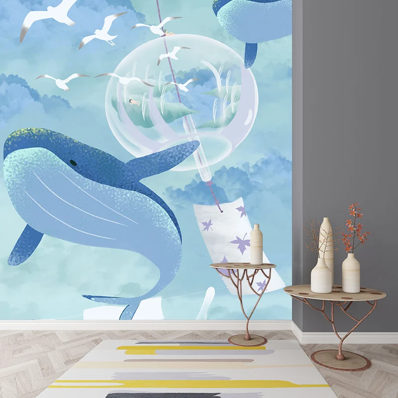 Papier peint mural de dessin animé bleu, baleine entière et mouettes dans le ciel, Art mural pour chambre à coucher Clearhalo