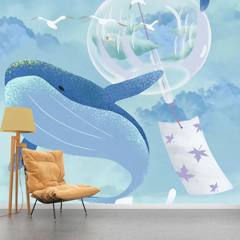 Papier peint mural de dessin animé bleu, baleine entière et mouettes dans le ciel, Art mural pour chambre à coucher Clearhalo