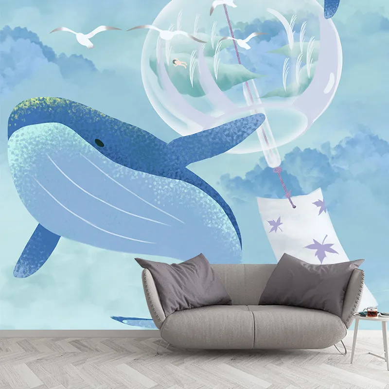 Papier peint mural de dessin animé bleu, baleine entière et mouettes dans le ciel, Art mural pour chambre à coucher Clearhalo