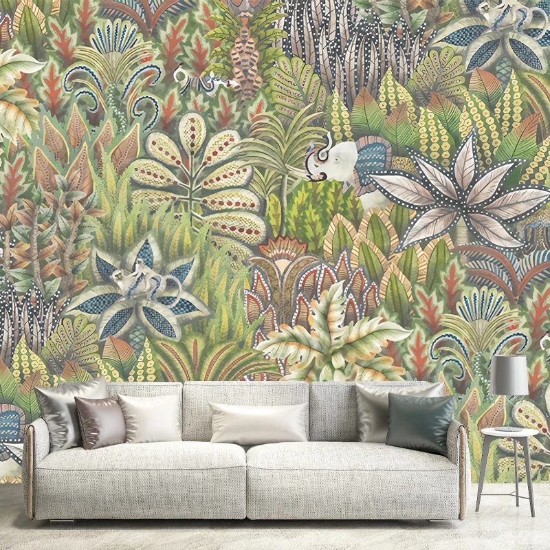 Papier peint mural feuilles de campagne dans un revêtement mural vert pour chambre d'amis, réalisé sur mesure Clearhalo