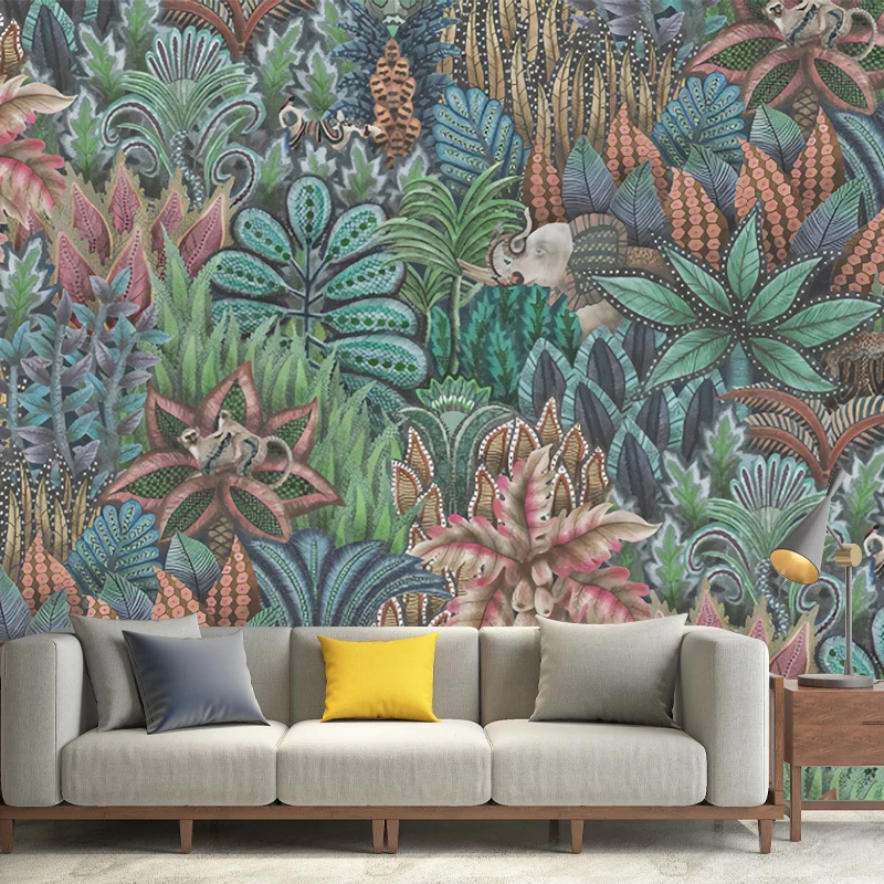 Papier peint mural feuilles de campagne dans un revêtement mural vert pour chambre d'amis, réalisé sur mesure Clearhalo