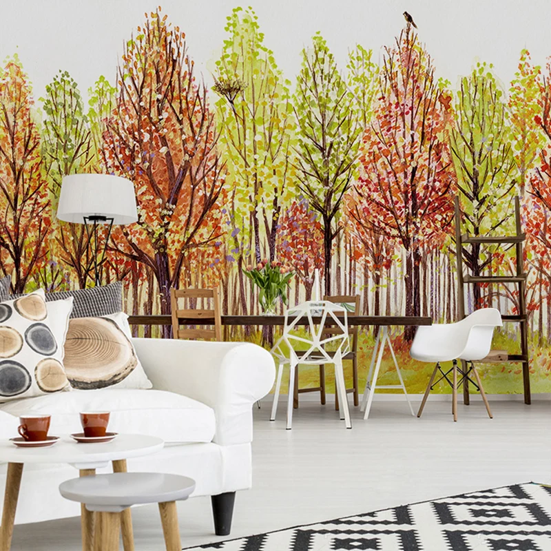 Papier peint mural forestier de style illustration géante pour mur d’accent, vert et rouge, taille personnalisée disponibl...