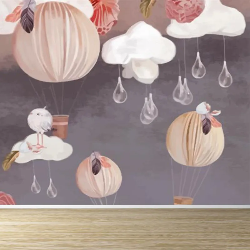 Papier peint mural en forme de montgolfière, revêtement Mural gris de dessin animé pour chambre d'enfant Clearhalo