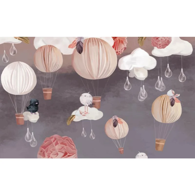 Papier peint mural en forme de montgolfière, revêtement Mural gris de dessin animé pour chambre d'enfant Clearhalo