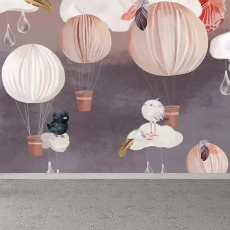 Papier peint mural en forme de montgolfière, revêtement Mural gris de dessin animé pour chambre d'enfant Clearhalo