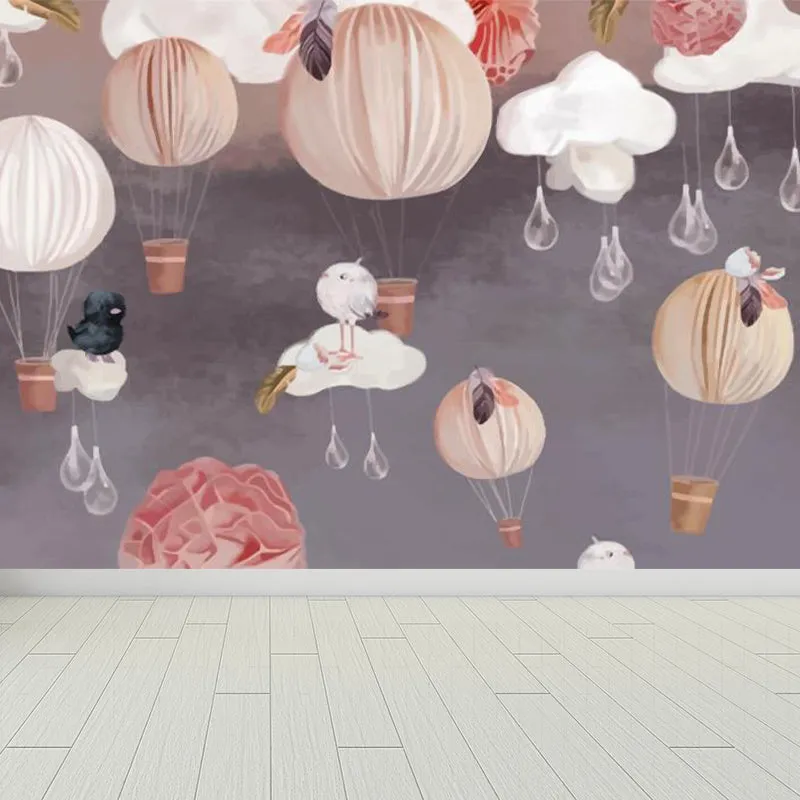 Papier peint mural en forme de montgolfière, revêtement Mural gris de dessin animé pour chambre d'enfant Clearhalo