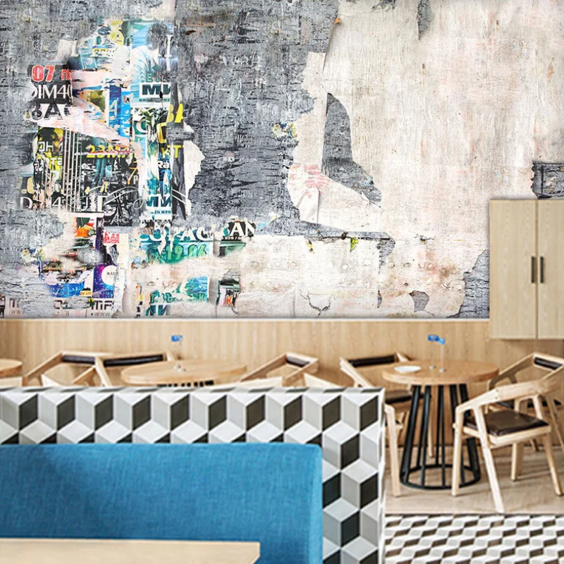 Papier peint mural industriel grande illustration pour café avec mur de ciment et graffitis en gris Clearhalo