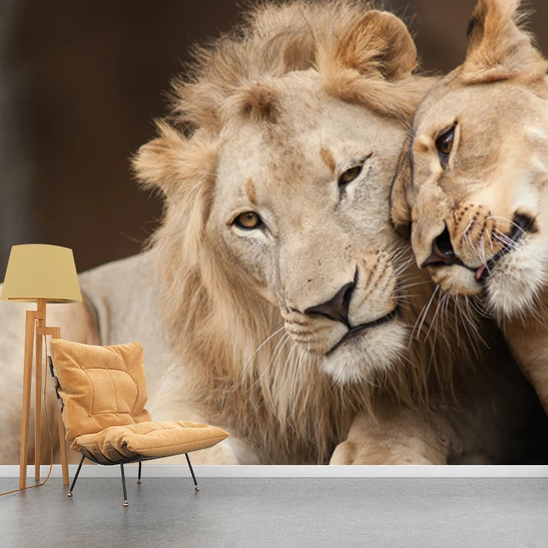 Papier peint mural Lion amoureux marron, art mural imperméabilisant pour le salon, sur mesure Clearhalo