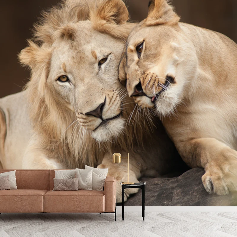 Papier peint mural Lion amoureux marron, art mural imperméabilisant pour le salon, sur mesure Clearhalo