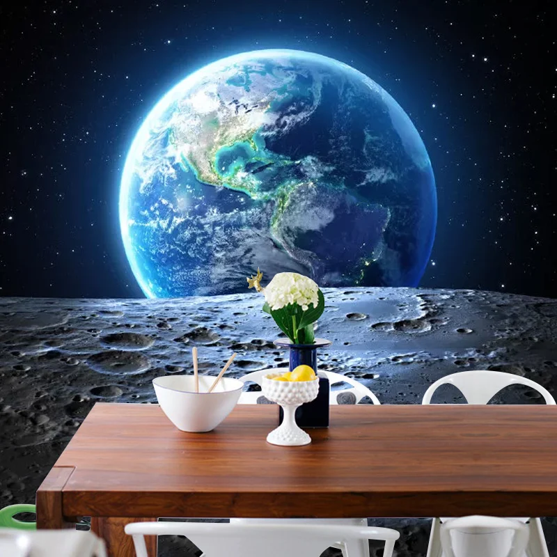 Papier peint mural Lune et Terre en revêtement mural décoratif de chambre bleue, taille personnalisée disponible Clearhalo