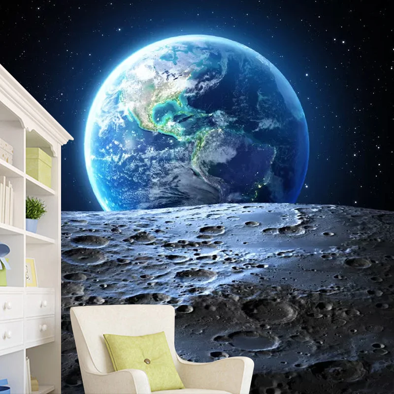 Papier peint mural Lune et Terre en revêtement mural décoratif de chambre bleue, taille personnalisée disponible Clearhalo
