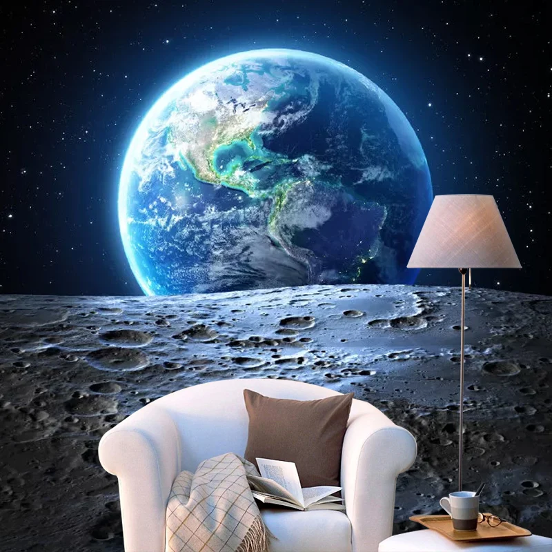 Papier peint mural Lune et Terre en revêtement mural décoratif de chambre bleue, taille personnalisée disponible Clearhalo