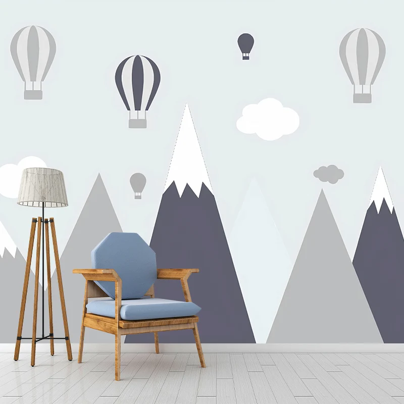 Papier peint mural mignon ballons et montagnes pour décoration de chambre d'enfant, gris, sur mesure Clearhalo