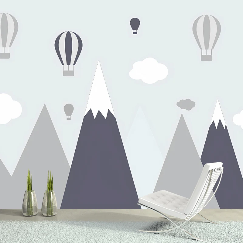 Papier peint mural mignon ballons et montagnes pour décoration de chambre d'enfant, gris, sur mesure Clearhalo