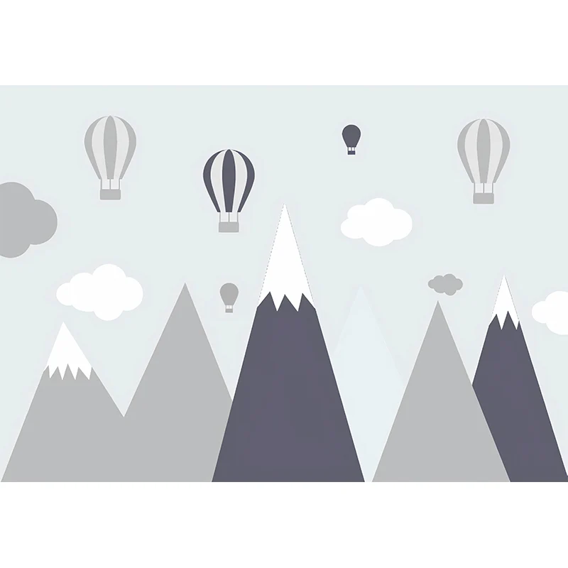 Papier peint mural mignon ballons et montagnes pour décoration de chambre d'enfant, gris, sur mesure Clearhalo