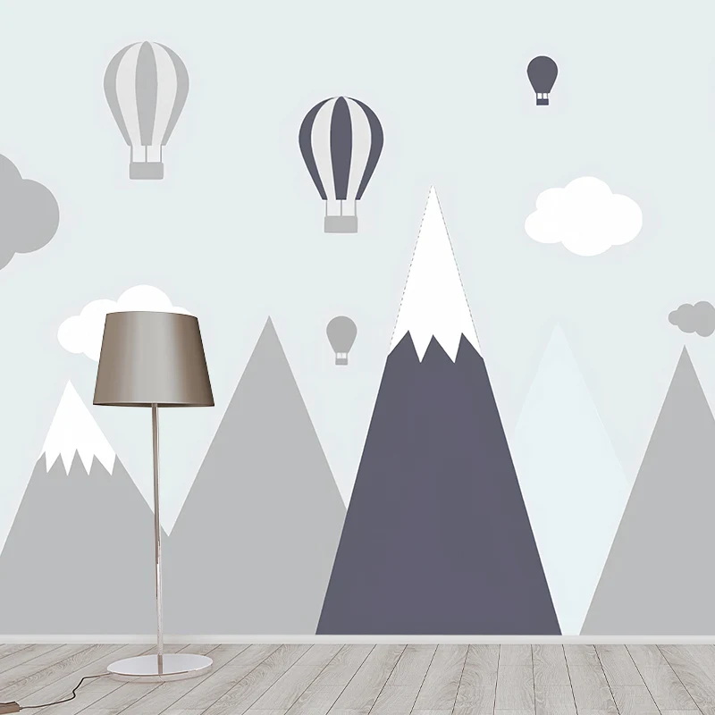 Papier peint mural mignon ballons et montagnes pour décoration de chambre d'enfant, gris, sur mesure Clearhalo
