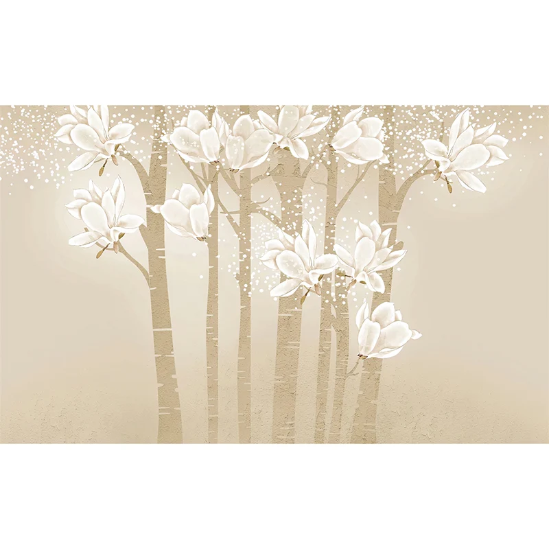 Papier peint mural minimaliste, illustration personnalisée, pour salon, avec élégant magnolia en beige et jaune Clearhalo