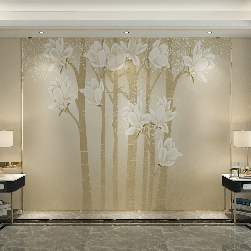 Papier peint mural minimaliste, illustration personnalisée, pour salon, avec élégant magnolia en beige et jaune Clearhalo