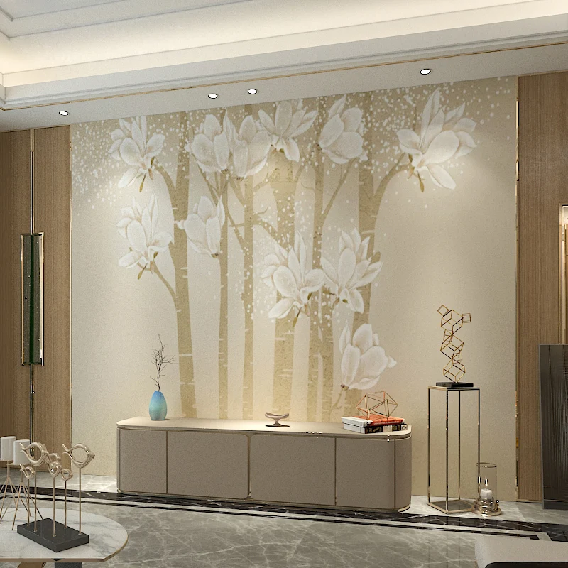 Papier peint mural minimaliste, illustration personnalisée, pour salon, avec élégant magnolia en beige et jaune Clearhalo