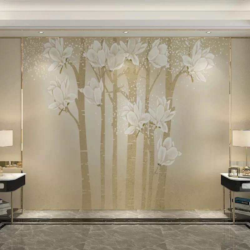 Papier peint mural minimaliste, illustration personnalisée, pour salon, avec élégant magnolia en beige et jaune Clearhalo