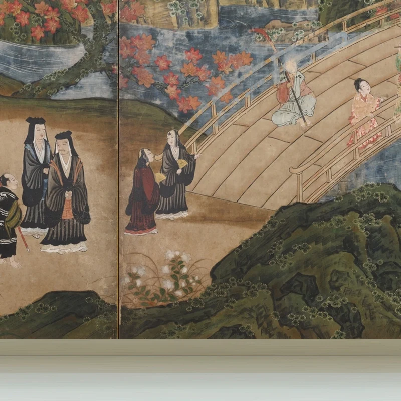 Papier peint mural moderne avec illustration grandeur nature avec des figures antiques asiatiques de couleur claire Clearhalo