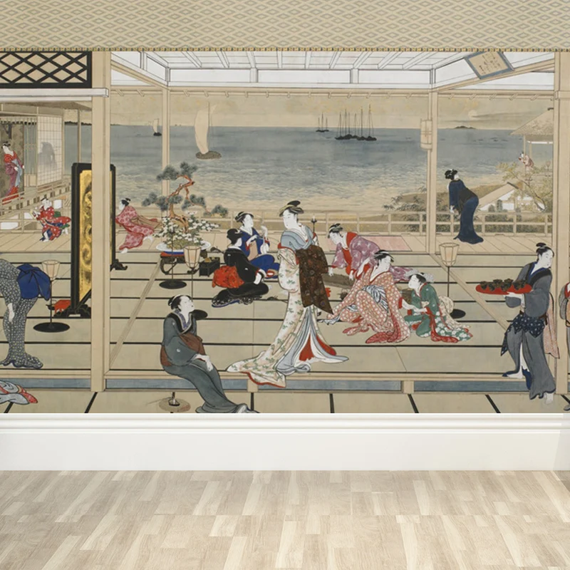 Papier peint mural moderne avec illustration grandeur nature avec des figures antiques asiatiques de couleur claire Clearhalo