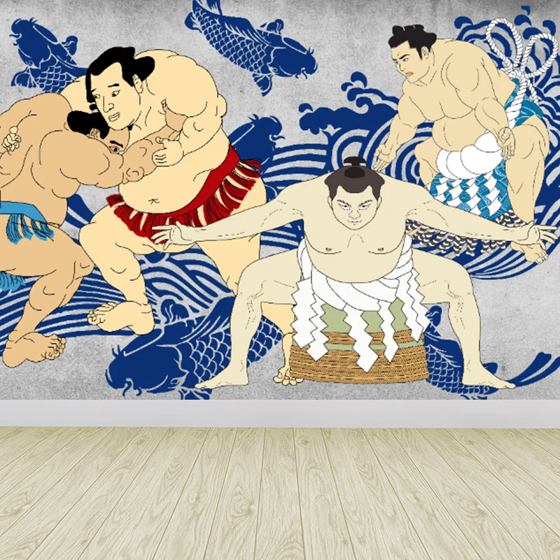 Papier peint mural moderne avec illustration grandeur nature avec des figures antiques asiatiques de couleur claire Clearhalo