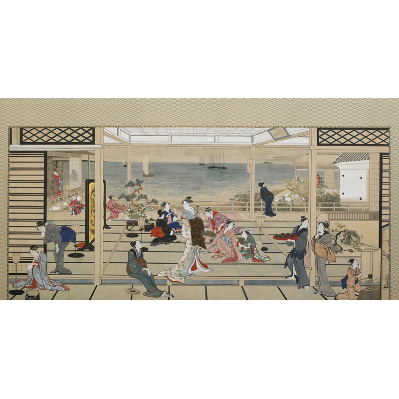 Papier peint mural moderne avec illustration grandeur nature avec des figures antiques asiatiques de couleur claire Clearhalo