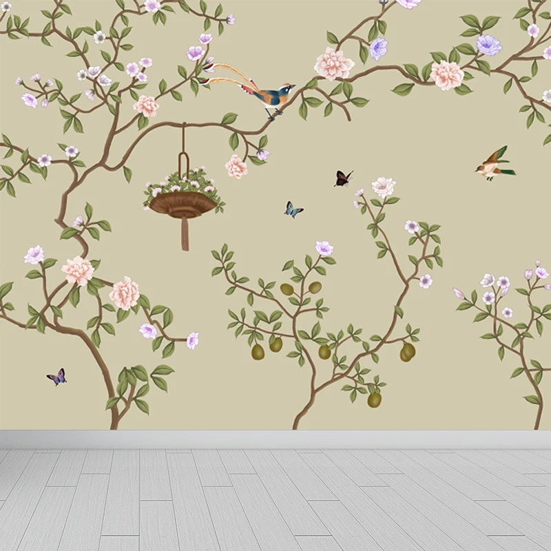 Papier peint mural moderne imperméable avec branches de fleurs, Art mural pour chambre de filles, impression personnalisée...