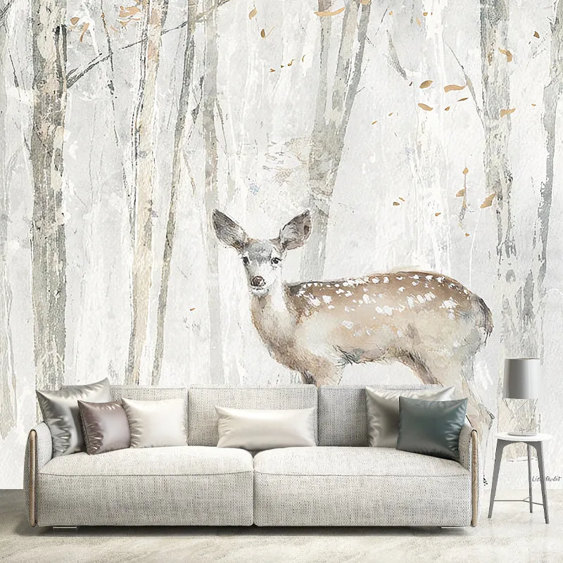 Papier peint mural nordique avec illustration personnalisée, pour salon, avec cerf et arbre en étain Clearhalo