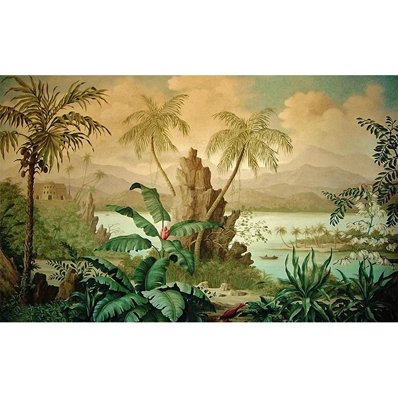 Papier peint mural de paysage tropical, décoration murale marron pour salon, sur mesure Clearhalo