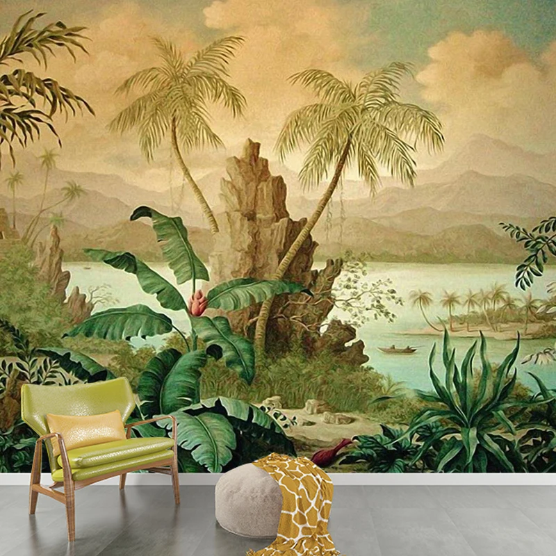 Papier peint mural de paysage tropical, décoration murale marron pour salon, sur mesure Clearhalo
