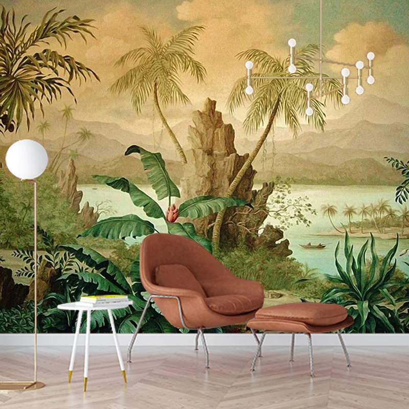 Papier peint mural de paysage tropical, décoration murale marron pour salon, sur mesure Clearhalo