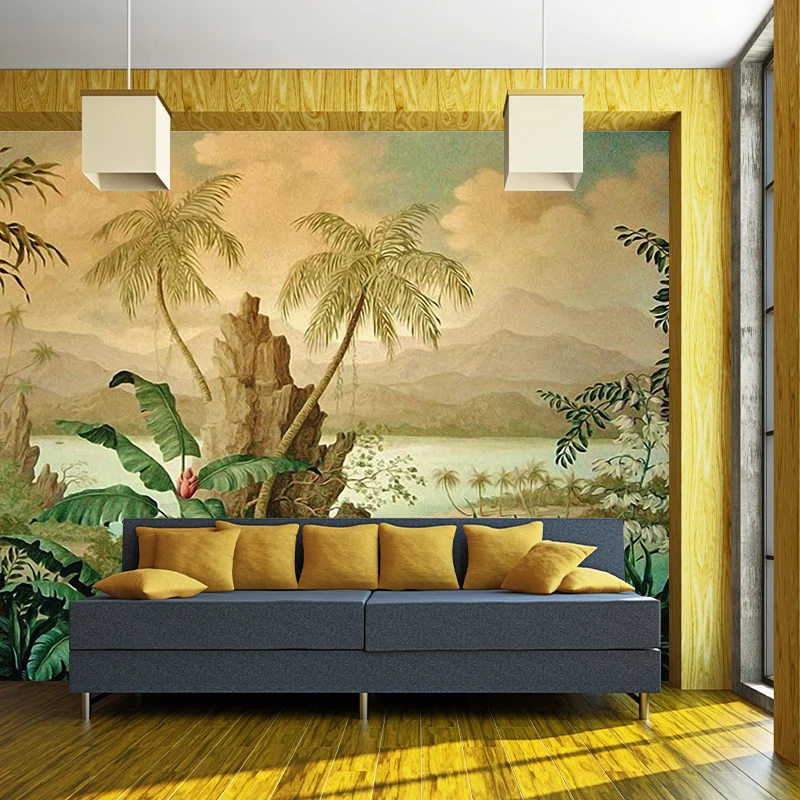 Papier peint mural de paysage tropical, décoration murale marron pour salon, sur mesure Clearhalo